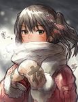  bad_id bad_pixiv_id bangs black_hair blush breath can gibagiba hair_ornament highres kantai_collection mittens remodel_(kantai_collection) scarf sendai_(kantai_collection) short_hair signature solo two_side_up upper_body winter_clothes 