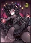  black_hair character_doll feet gothic_lolita horns isolated_island_oni kantai_collection lolita_fashion long_hair matanonki northern_ocean_hime pale_skin pantyhose red_eyes shinkaisei-kan solo 