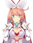  1girl ahoge arc_system_works artist_request blush breasts bridal_veil cleavage clover dress elphelt_valentine female four-leaf_clover gloves green_eyes guilty_gear guilty_gear_xrd huge_breasts looking_at_viewer pink_hair ribbon short_hair solo spikes tears veil wedding_dress yamato_(muchuu_paradigm) 