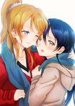  ;) ayase_eli blonde_hair blue_eyes blue_hair blue_scarf brown_eyes coat half-closed_eyes highres hood hood_down long_hair looking_at_another looking_at_viewer love_live! love_live!_school_idol_project multiple_girls one_eye_closed open_mouth ponytail red_coat scarf scrunchie shared_scarf smile sonoda_umi suito upper_body white_scrunchie yuri 