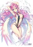  ahoge archangel_metatron_(p&amp;d) arms_up artist_name barefoot blue_eyes blush breasts bubble copyright_name hong_(white_spider) large_breasts long_hair navel parted_lips pink_hair puzzle_&amp;_dragons skindentation slingshot_swimsuit solo swimsuit very_long_hair wavy_hair white_wings wings 