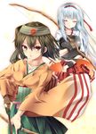  bad_id bad_pixiv_id bow_(weapon) breasts brown_eyes brown_hair closed_eyes gloves green_skirt hachimaki hakama_skirt hand_on_own_chest headband hiryuu_(kantai_collection) japanese_clothes kantai_collection large_breasts long_hair looking_at_viewer multiple_girls muneate partly_fingerless_gloves pleated_skirt red_skirt remodel_(kantai_collection) short_hair shoukaku_(kantai_collection) silver_hair single_glove skirt tetsu_tissue weapon yugake 