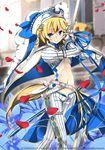  blonde_hair blue_eyes breasts cape hat looking_at_viewer medium_breasts million_arthur_(series) navel official_art pants petals refeia short_hair solo striped sword underboob vertical-striped_pants vertical_stripes weapon 