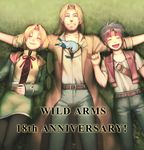  2boys anniversary bad_id bad_pixiv_id bandaid belt black_legwear blonde_hair blue_hair cecilia_lynne_adelhyde closed_eyes coat copyright_name creature facial_hair grass green_skirt grin hanpan headband highres jack_van_burace long_hair lying multiple_boys pants pantyhose red_vest rody_roughnight shirt skirt smile stubble vest wild_arms wild_arms_1 yururi-ra 