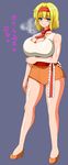  alice_margatroid ass_visible_through_thighs bare_shoulders breasts chin_(motio7201) cleavage collarbone cravat highres huge_breasts large_breasts orange_shorts pumps shirt shorts side_slit sleeveless sleeveless_shirt solo standing sweat symbol-shaped_pupils touhou 