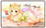  2014 38kb_(38shiki) atelier_(series) atelier_ayesha ayesha_altugle bare_shoulders barefoot blonde_hair breasts circle_name cleavage copyright_name english flower frills full_body green_skirt hair_flower hair_ornament hairband long_hair lying medium_breasts number on_side panties pillow sample side-tie_panties skirt smile solo underwear white_panties yellow_eyes 