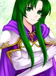  74 armor armored_dress breastplate cape cecilia_(fire_emblem) crossed_arms elbow_gloves fire_emblem fire_emblem:_fuuin_no_tsurugi gloves green_eyes green_hair jewelry long_hair simple_background smile solo white_gloves 