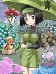 bangs black_hair box breasts cardboard_box cloud cloudy_sky cowboy_shot dress erika_(pokemon) eye_contact fang floating floette flower gen_1_pokemon gen_6_pokemon golem_(pokemon) goomy gradient_hair green_dress growlithe hairband holding hydrangea in_box in_container leaf light_smile long_sleeves looking_at_another looking_at_viewer medium_breasts multicolored_hair oddish outline over_shoulder parted_bangs path poke_ball_symbol pokemoa pokemon pokemon_(creature) pokemon_trading_card_game rain road shirt short_dress short_hair sky smile standing striped tongue tongue_out turtleneck umbrella wet 