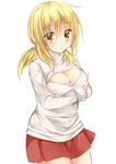  blonde_hair breasts cleavage cleavage_cutout crossed_arms hidamari_sketch kujou_danbo large_breasts long_sleeves meme_attire miyako open-chest_sweater ponytail simple_background skirt solo sweater turtleneck white_background yellow_eyes 