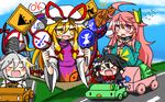  black_hair blonde_hair chibi go_kart hakurei_reimu hat hata_no_kokoro houjuu_nue mononobe_no_futo multiple_girls new_mask_of_hope pink_eyes pink_hair rindou_(p41neko) rumia sign tate_eboshi touhou toyosatomimi_no_miko white_hair yakumo_yukari yellow_eyes 