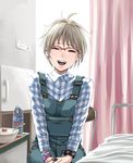  :d ^_^ bed bedside blonde_hair bottle bracelet checkered checkered_shirt closed_eyes ear_piercing earrings facing_viewer glasses hayakawa_pao highres hospital_bed jewelry open_mouth original overalls piercing red-framed_eyewear ring shirt short_hair sitting smile solo 