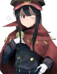  1girl ;) bangs black_hair black_hat cape capelet cloak fate/grand_order fate_(series) gloves hand_on_hip hand_up hat long_hair long_sleeves looking_at_viewer military_hat oda_nobunaga_(fate) one_eye_closed parted_bangs red_cape red_eyes sidelocks simple_background smile solo somray upper_body visible_air white_background white_gloves 