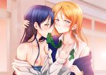  absurdres ayase_eli bare_shoulders blonde_hair blue_eyes blue_hair breasts brown_eyes collarbone highres love_live! love_live!_school_idol_project mouth_hold multiple_girls necktie nipples small_breasts sonoda_umi suito yuri 
