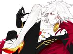  blue_eyes bodysuit cape earrings eyeliner fate/apocrypha fate_(series) fur_cape gem high_heels jewelry karna_(fate) makeup male_focus pale_skin sindri single_earring solo sweat white_hair 