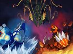  flying glowing groudon kyogre legendary_pokemon matatabi_nia mega_pokemon mega_rayquaza no_humans open_mouth pokemon pokemon_(creature) primal_groudon primal_kyogre rayquaza rock splashing water 