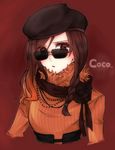  beret braid brown_eyes brown_hair character_name coco_adel flower gradient_hair hat jewelry long_hair multicolored_hair necklace open_mouth orange_hair orange_shirt red_background rose rwby scarf shirt single_braid solo sorimachi-doufu sunglasses sweater upper_body 