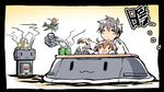  4girls :3 :d =d admiral_(kantai_collection) aircraft airplane brown_hair cha_(kantai_collection) chibi cup fairy_(kantai_collection) green_eyes hiyoko_(kantai_collection) ishiki_(okota) kantai_collection kotatsu midori_(kantai_collection) multiple_girls open_mouth rashinban_musume rensouhou-chan saiun_(kantai_collection) size_difference smile table teapot translation_request yukikaze_(kantai_collection) yunomi |_| 