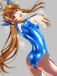  :d antenna_hair arm_up ass blue_leotard brown_hair brown_legwear clannad cowboy_shot dutch_angle from_behind furukawa_sanae grey_background highres leotard long_hair looking_at_viewer mature open_mouth outstretched_hand pantyhose ponytail sen_(sansui) shiny shiny_clothes smile solo very_long_hair 