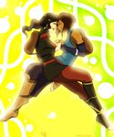  asami_sato avatar:_the_last_airbender backpack bag bare_shoulders boots couple dark_skin elbow_gloves eyes_closed fingerless_gloves gloves interlocked_fingers kitsune23star korra legend_of_korra lipstick makeup multiple_girls ponytail red_lipstick short_hair sleeveless spoilers the_legend_of_korra yuri 