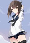 :o akiha_(attract) bad_id bad_twitter_id blue_sky brown_eyes brown_hair cosplay cowboy_shot creator_connection day expressionless hair_between_eyes kantai_collection miyafuji_yoshika miyafuji_yoshika_(cosplay) parted_lips school_swimsuit school_uniform serafuku short_hair sky solo standing strike_witches swimsuit swimsuit_under_clothes taihou_(kantai_collection) thigh_strap world_witches_series 