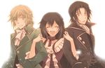  2boys bare_shoulders blonde_hair bow brother_and_sister brown_hair choker dress earrings formal frilled_dress frills green_eyes jack_vessalius jewelry lacie_baskerville long_hair mitsubi multiple_boys oswald_baskerville pandora_hearts red_eyes short_hair siblings smile 