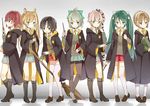  absurdres abukuma_(kantai_collection) alternate_costume aqua_skirt bad_id bad_pixiv_id bangs black_hair black_legwear blonde_hair blunt_bangs blush book boots broom brown_eyes chestnut_mouth chiyu_(cotoritori) coat collared_shirt cosplay green_eyes green_hair grey_hair hair_bun hair_rings hairband harry_potter headband high_ponytail highres hogwarts_school_uniform isuzu_(kantai_collection) kantai_collection kinu_(kantai_collection) knee_boots loafers long_hair looking_at_viewer multiple_girls nagara_(kantai_collection) natori_(kantai_collection) necktie odd_one_out pantyhose pink_hair pleated_skirt ponytail red_eyes red_hair red_skirt school_uniform shirt shoes short_hair side_ponytail skirt smile thighhighs twintails very_long_hair wand white_legwear yura_(kantai_collection) yuubari_(kantai_collection) 