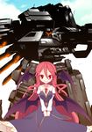  :&gt; armored_core bat_wings book breasts cloud collared_shirt colored_eyelashes eyelashes frills head_wings highres holding holding_book koakuma kuresento large_breasts long_hair looking_at_viewer low_wings mecha necktie red_eyes red_hair shirt size_difference skirt skirt_set sky smile solo touhou v_arms very_long_hair vest wings 