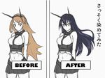  alternate_hairstyle before_and_after black_hair brown_hair comic comparison english headgear kantai_collection long_hair michimoyo midriff monochrome mutsu_(kantai_collection) navel pleated_skirt sketch skirt sleeveless spot_color translated yellow_eyes 