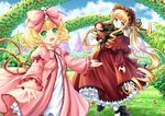  :d blonde_hair blue_eyes bow dress drill_hair green_eyes hair_bow hair_ribbon hairband hina_ichigo lolita_fashion lolita_hairband long_hair looking_at_viewer multiple_girls open_mouth outstretched_arms pink_bow reaching red_dress ribbon rozen_maiden shinku short_hair smile spread_arms twin_drills twintails villyane 