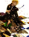  blonde_hair book checkered checkered_floor flower formal green_eyes male_focus mana_mannha necktie open_mouth oz_vessalius pandora_hearts petals sitting solo 