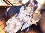  amakano bath black_hair blush breasts breath bucket closed_eyes covered_nipples dutch_angle game_cg heavy_breathing highres japanese_clothes kneeling large_breasts long_hair piromizu pouring see-through solo steam takayashiro_sayuki water wet wet_clothes wooden_bucket wooden_floor wooden_wall 