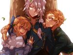  2boys bad_id bad_pixiv_id bandages bow brown_hair capelet closed_eyes dress formal glasses hair_over_one_eye liam_lunettes long_hair multiple_boys pandora_hearts ponytail sharon_rainsworth short_hair silver_hair smile tree xerxes_break 