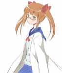  blush brown_eyes brown_hair fuugetsu_makoto glasses idolmaster idolmaster_cinderella_girls ikebukuro_akiha labcoat long_hair looking_at_viewer solo twintails white_background 