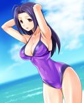  ahoge armpits arms_behind_head arms_up breasts casual_one-piece_swimsuit cleavage cloud cowboy_shot day dutch_angle horizon idolmaster idolmaster_(classic) large_breasts long_hair miura_azusa muhi11234 ocean one-piece_swimsuit purple_hair purple_swimsuit red_eyes sky solo swimsuit 