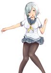  black_legwear blue_eyes blush breasts chestnut_mouth feet_out_of_frame gin00 hair_ornament hair_over_one_eye hairclip hamakaze_(kantai_collection) head_tilt highres kantai_collection knees_together_feet_apart large_breasts looking_at_viewer miniskirt neckerchief open_mouth outstretched_arm pantyhose pleated_skirt school_uniform serafuku short_hair short_sleeves silver_hair simple_background skirt smile solo white_background yellow_neckwear 
