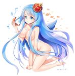  barefoot blue_eyes blue_hair breasts convenient_censoring crown fish full_body hair_censor hair_over_breasts kneeling large_breasts long_hair looking_at_viewer mini_crown nude o3o original pout shrimp simple_background solo songmil very_long_hair white_background 
