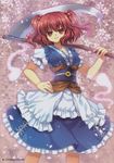  absurdres blue_dress capura_lin coin dress floral_background floral_print frills hair_bobbles hair_ornament highres hitodama looking_at_viewer obi onozuka_komachi petals puffy_sleeves red_eyes red_hair ribbon sash scan scythe short_hair short_sleeves smile solo touhou two_side_up 