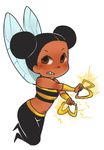  1girl black_hair brown_eyes bumble_bee cartoon_network chibi dark_skin dc_comics double_bun flying insect_wings karen_beecher midriff pants shirt sleeveless solo striped striped_shirt teen_titans wings 