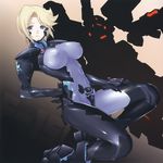  absurdres blonde_hair blue_eyes bodysuit breasts covered_navel covered_nipples dutch_angle hand_on_hip head_tilt highres kneeling large_breasts looking_at_viewer mecha miyata_sou muvluv muvluv_alternative muvluv_total_eclipse pilot_suit scan short_hair silhouette smile solo stella_bremer 