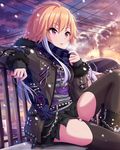  arm_support bird black_jacket black_legwear black_skirt boots building chain cloud cloudy_sky crest cross-laced_footwear fur_trim garter_straps idolmaster idolmaster_cinderella_girls jacket knee_up lace-up_boots light_smile long_hair long_sleeves looking_away multicolored_hair ninomiya_asuka official_art open_mouth orange_hair pink_eyes plaid pleated_skirt purple_hair railing scarf shirt sitting skirt sky skyscraper smokestack snowing solo striped striped_scarf striped_shirt studded thighhighs wind zipper 