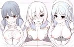  3: 3girls black_legwear blush breasts cum cum_on_body cum_on_breasts cum_on_upper_body double_bun from_above gloves hair_ornament hair_over_one_eye hairclip hamakaze_(kantai_collection) hat hetero inverted_nipples kantai_collection kneeling large_breasts multiple_girls muted_color nipples nose_blush open_clothes open_mouth open_shirt paizuri pantyhose penis perpendicular_paizuri pleated_skirt pov pubic_hair shirt shirt_lift skirt tears uni8 urakaze_(kantai_collection) ushio_(kantai_collection) 