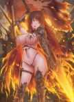 1girl :o abs arm_up armor breasts brown_eyes brown_hair cleavage flag flaming_spear flaming_weapon gauntlets knife large_breasts looking_at_viewer navel original outdoors polearm revealing_clothes rinmmo sheath sheathed solo spear standing thigh_strap thighs weapon 