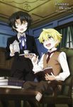  absurdres black_hair blonde_hair book bow bowtie child couch cup formal gilbert_nightray green_eyes highres male_focus multiple_boys necktie official_art open_mouth oz_vessalius pandora_hearts reading smile square_enix suit teacup teapot vest window younger 