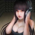  bad_id bad_pixiv_id breast_squeeze breasts brown_hair cleavage eyelashes hands_on_headphones headphones hexelica highres indoors large_breasts lips lipstick long_hair looking_at_viewer makeup nose original parted_lips pink_eyes pink_lipstick realistic solo strap_slip tank_top upper_body wooden_floor 
