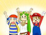  &gt;_&lt; aioi_yuuko arms_up blue_hair blush brown_hair buttons cheering closed_eyes clothes_writing cosplay expressionless fake_facial_hair fake_mustache green_hair hat jewelry jitome kid_icarus long_hair mario mario_(cosplay) mario_(series) minakami_mai mother_(game) mother_2 multiple_girls naganohara_mio necklace ness ness_(cosplay) nichijou open_mouth osuzu_(osuzu3276) overalls palutena palutena_(cosplay) parody red_hat short_hair smile super_mario_bros. super_smash_bros. tiara 