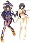 absurdres arms_up bare_legs barefoot bikini bodysuit breasts brown_hair cleavage covered_navel front-tie_top full_body hair_ribbon highres large_breasts long_hair miyata_sou muvluv muvluv_alternative muvluv_total_eclipse navel open_mouth pilot_suit purple_eyes ribbon scan side-tie_bikini simple_background smile solo swimsuit takamura_yui very_long_hair white_background yellow_bikini 