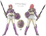  armor bikini_armor concept_art kirishima_reiko looking_at_viewer mugen_senshi_valis red_eyes red_hair scarf shield short_hair shoulder_pads smile sword weapon 