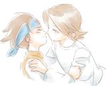  2boys blush brothers brown_hair child eyes_closed headband hikari_netto hikari_saito incest incipient_kiss male male_focus multiple_boys niku_love rockman shirt siblings simple_background sketch trap twincest twins white_background yaoi 