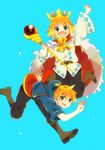  1girl :d ascot blue_eyes brother_and_sister cape crown fur_trim hair_ornament hairclip highres hood kagamine_len kagamine_rin kawai_rou open_mouth pants ponytail scepter shinde_shimau_to_wa_nasakenai!_(vocaloid) siblings smile staff vocaloid 