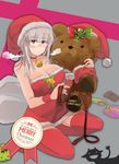  bell bell_choker blush bracer breasts choker christmas cleavage collarbone dress flying_sweatdrops fur_trim gift glasses hat heidimarie_w_schnaufer highres ika_(hinatu1992) large_breasts long_hair merry_christmas miyafuji_yoshika red_dress red_eyes red_legwear santa_costume santa_hat short_dress silhouette_demon silver_hair sitting smile solo strapless strapless_dress strike_witches stuffed_animal stuffed_toy teddy_bear thighhighs world_witches_series wreath 